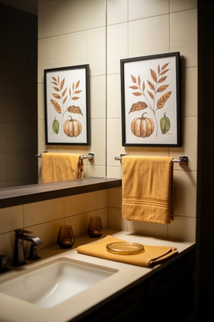 Fall Bathroom Decor: Cozy Upgrades for Instant Spa 14 Bathroom vanity styled with burnt orange towels, amber glasses, and framed pumpkin and leaf artwork above the sink, softly lit to emphasize cozy fall bathroom decor.