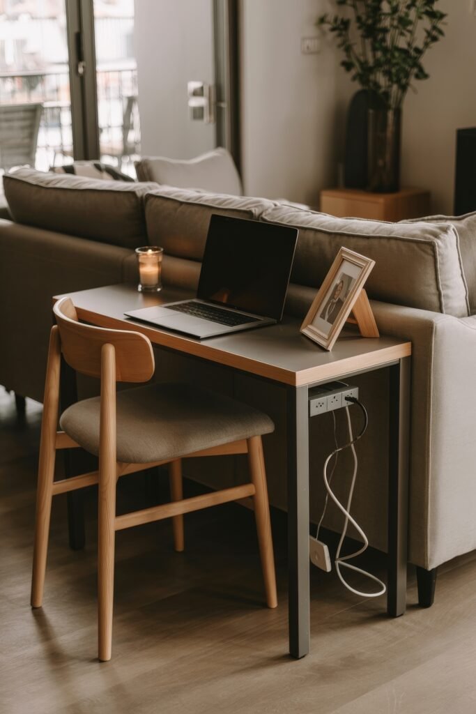 Living room office combo: Clever Ideas You’ll Love 12 Compact living room office combo with a small desk placed behind a beige sofa, featuring a laptop, candle, and framed photo, with power cords neatly tucked underneath.
