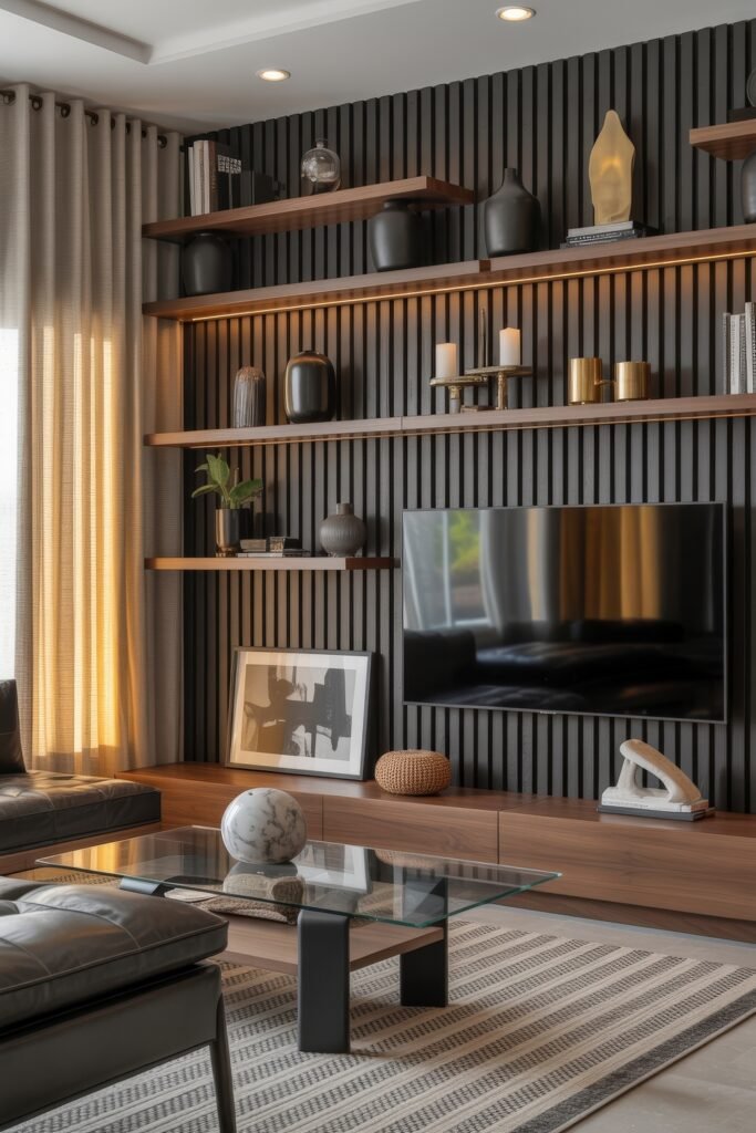 Living Room TV Wall Luxury: Sleek Ideas for a Stylish Setup 14 Sophisticated space with a black vertical slat TV wall luxury setup, featuring floating wood shelves with ambient lighting, black decor accents, a glass coffee table, and a mix of modern textures and art.