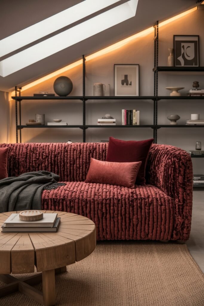 Luxury Sofa Living Room: Furniture for a Luxury Lounge 13 Cozy attic-style lounge with a rich red textured sofa, minimalist wall art on black shelving, and a round wood coffee table on a woven rug under warm accent lighting.