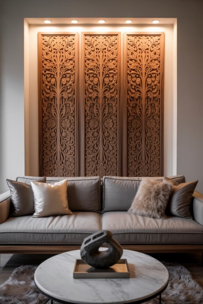 Modern Luxury Living Room: Designing a Sleek Luxe Lounge 15 Sophisticated setting with a grey leather sofa, metallic pillows, ornate carved wood wall panels and round marble coffee table topped by a black stone sculpture