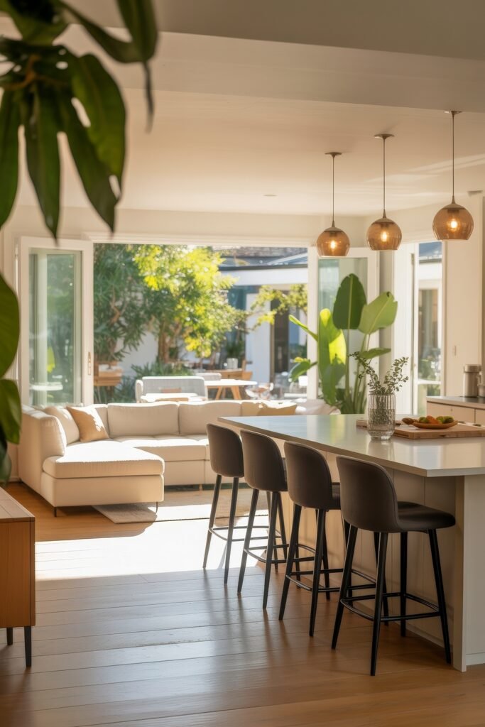 Open kitchen and living room: Smart Tips for Seamless Flow 12 Airy living space with a white sectional sofa and dark bar stools around a kitchen island, seamlessly opening onto a sunlit patio with lush greenery.