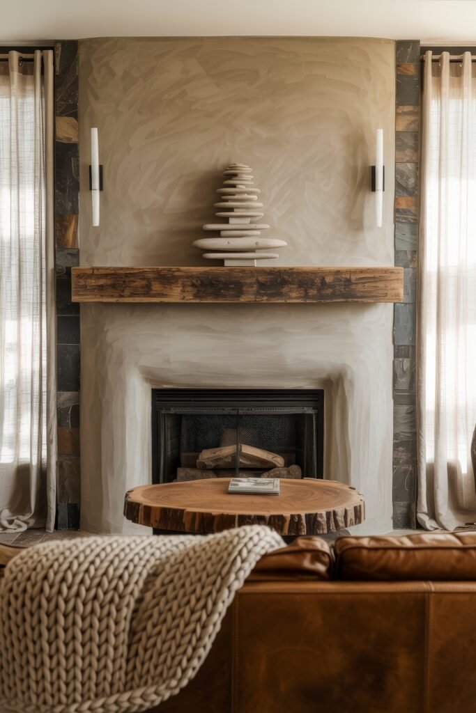 Rustic Luxury Living Room: Warm and Unique Living Area Themes 13 Earthy modern living room with a leather sofa, layered stone and plaster fireplace, sculptural white decor above a rustic wood mantel, and a round raw-edge wood coffee table.