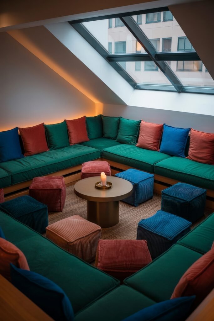Sunken living room Magic: Cozy Tips for Instant Depth 12 Cozy attic sunken living room layout with green upholstered sectional seating, vibrant pillows, and a central round table surrounded by colorful corduroy poufs under a sloped skylight.