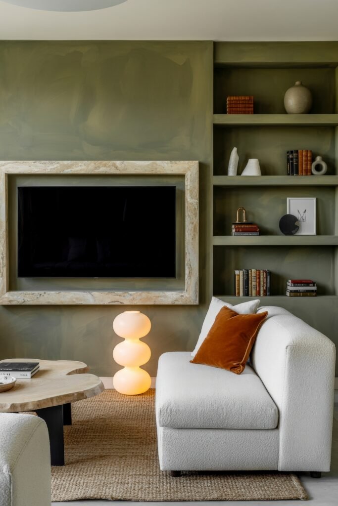 Rustic Luxury Living Room: Warm and Unique Living Area Themes 14 Contemporary rustic living room with an olive green built-in wall unit, white boucle seating, sculptural lamp, and light wood coffee table, accented by books and pottery.