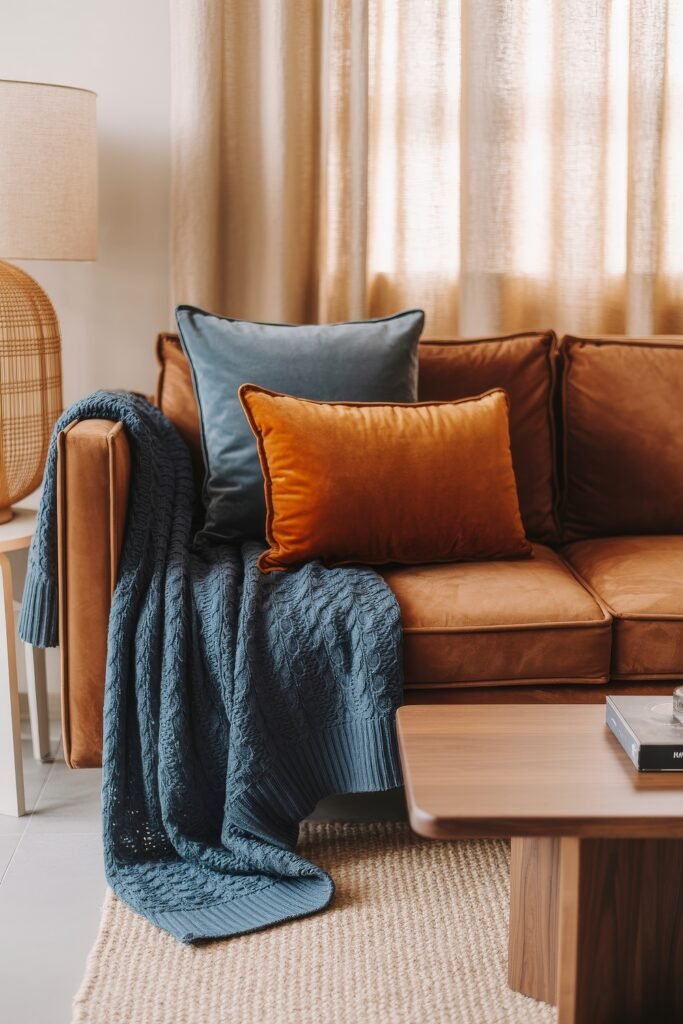 Brown Couch Living Room Ideas: Cozy and Chic Decor Inspiration 15 Rich brown sofa decorated with blue and burnt-orange velvet pillows and a navy knit throw, adding bold contrast to a brown couch living room idea.