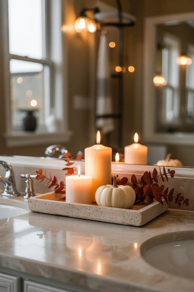 Fall Bathroom Decor: Cozy Upgrades for Instant Spa 15 Stone tray with glowing candles, small white pumpkin, and rust-colored foliage resting on a beige marble bathroom counter, creating an inviting and peaceful fall decor accent.
