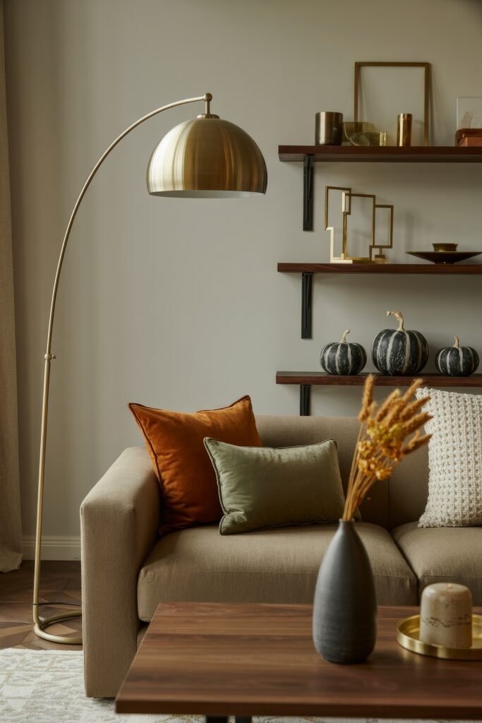 Fall Living Room Decor: Brilliant Ways to Cozy Up 14 Modern fall living room decor featuring a neutral-toned sofa with burnt orange and olive green pillows, a black coffee table with a vase of wheat, and minimalist shelving with striped pumpkins and gold decor.