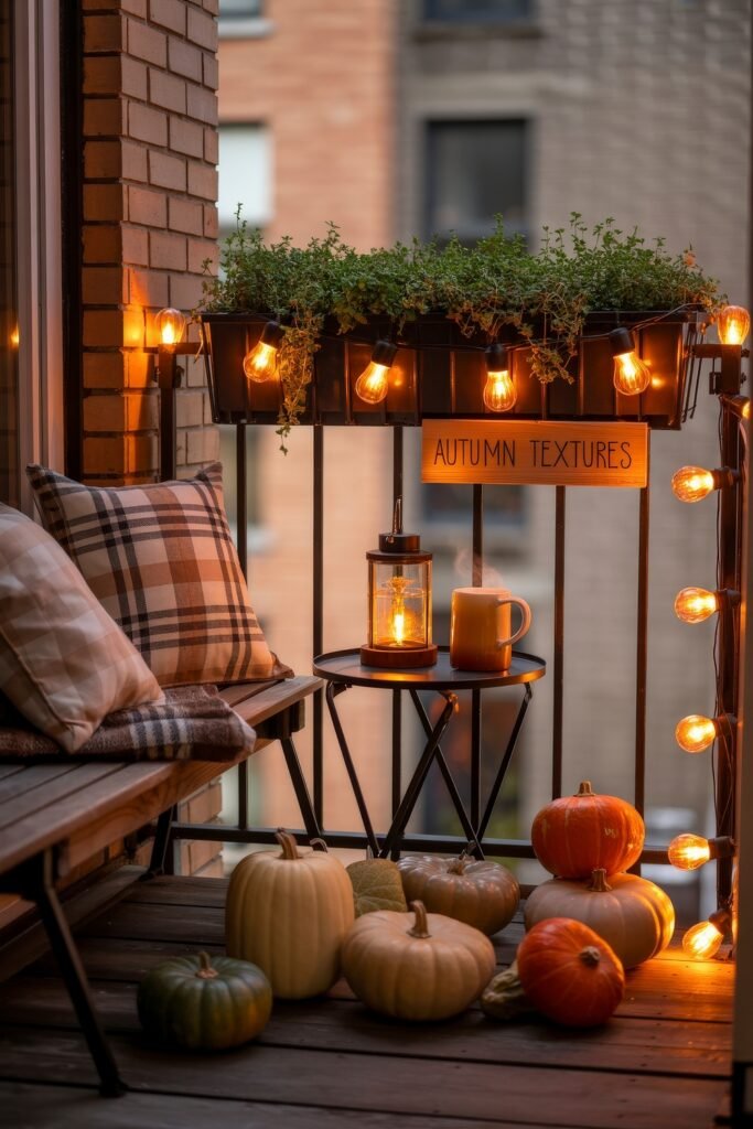 Fall Outdoor Decor: 12 Brilliant Touches for Tiny Porches 12 Warm-toned balcony with plaid pillows, string lights, a side table with a glowing lantern and mug, and an assortment of pumpkins under a sign reading "Autumn Textures."
