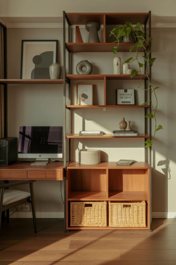 Living room office combo: Clever Ideas You’ll Love 13 Contemporary shelving and desk setup with an iMac, abstract artwork, books, and decorative objects, offering a stylish and functional workspace in a sunlit living area.