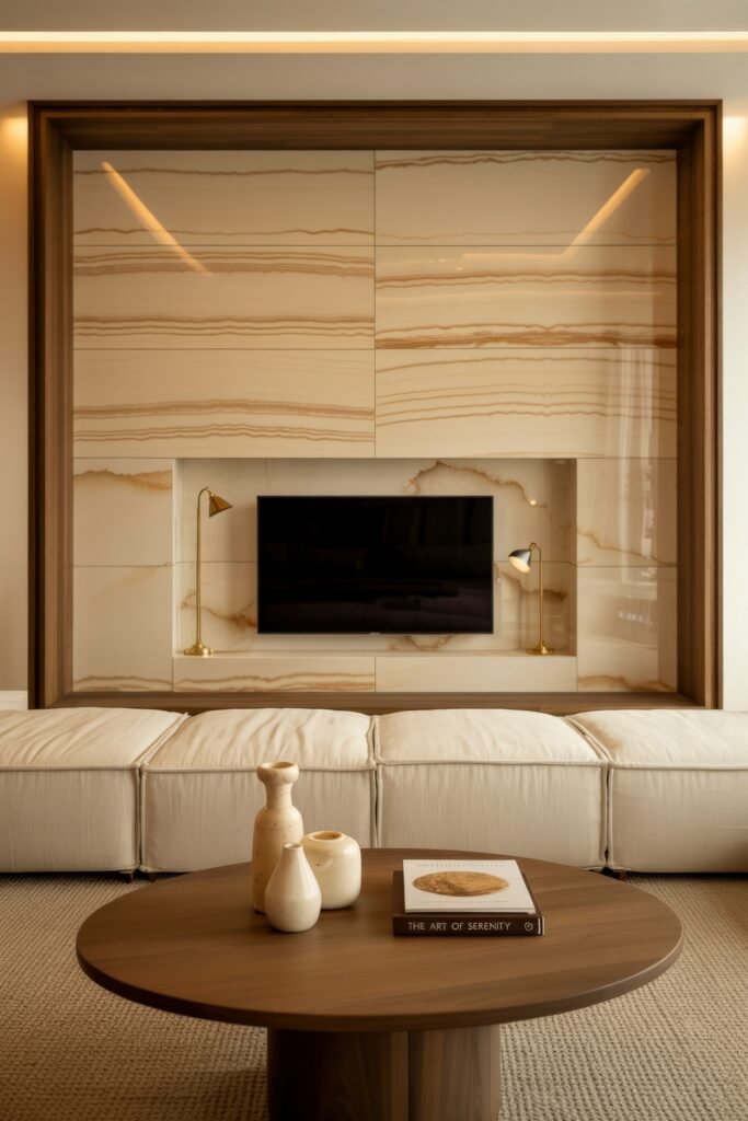 Living Room TV Wall Luxury: Sleek Ideas for a Stylish Setup 15 Elegant living room featuring a marble-look TV wall with subtle beige striations, a wall-mounted screen, gold floor lamps, and plush seating, creating a refined and serene environment.