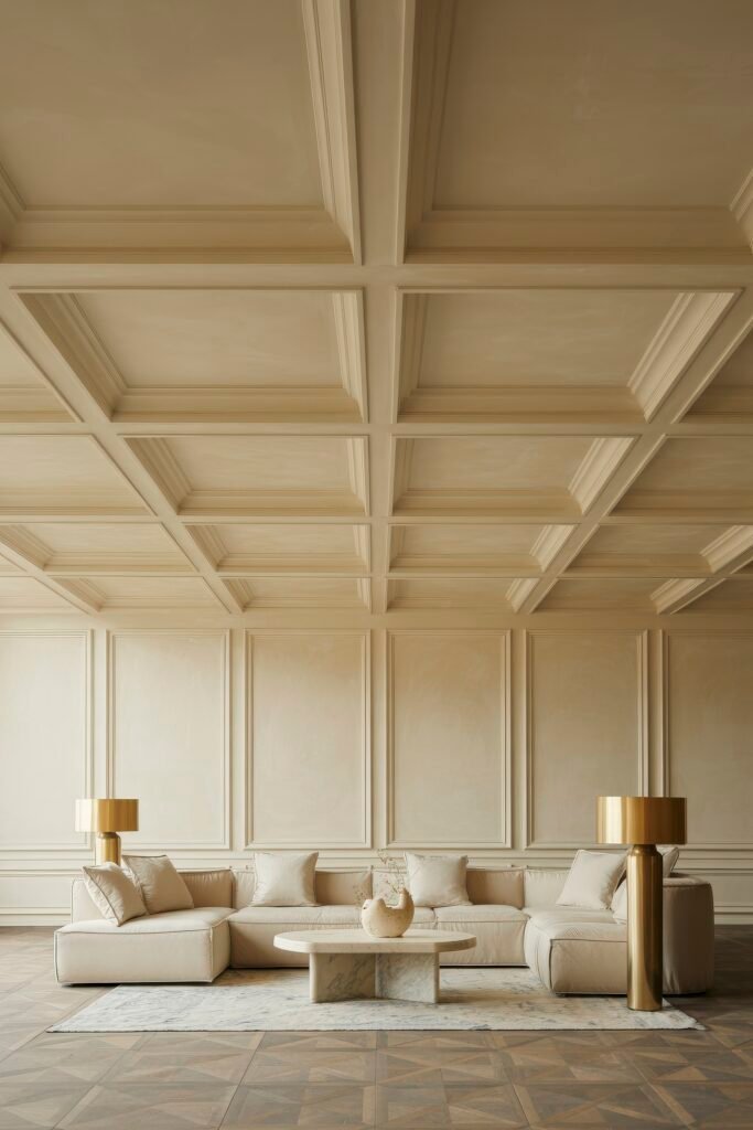 Luxury Ceiling Design in Living Rooms 10 Refined monochromatic living room with a matching coffered ceiling and walls, cream sectional sofa, gold side lamps, and a marble pedestal table on a patterned rug—perfect symmetry and quiet opulence.