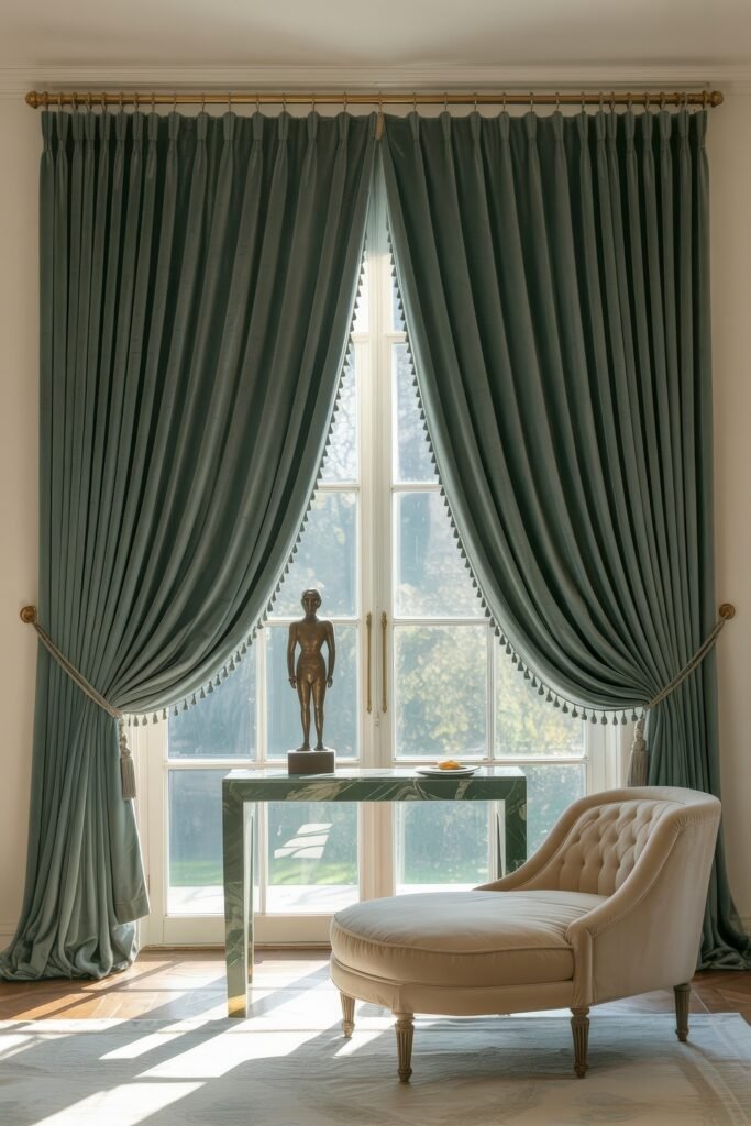 Luxury Curtains Living Room: Luxurious Curtains & Window Treatments 13 Sunlit room featuring elegant green velvet curtains framing tall French doors, a marble console table with a bronze statue, and a tufted chaise lounge creating a serene luxury curtains living room.