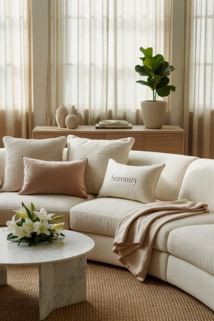 Luxury Sofa Living Room: Furniture for a Luxury Lounge 14 Soft and serene luxury living room with a cream curved sectional, pastel throw pillows including one embroidered with “Serenity,” and a marble coffee table topped with fresh lilies.