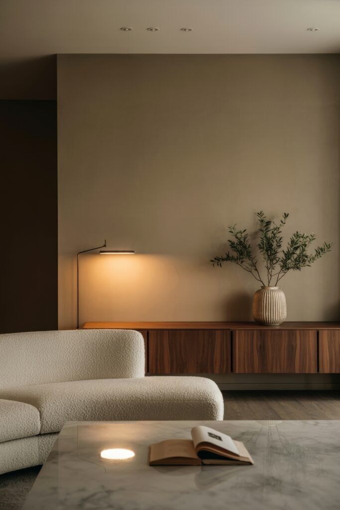 Modern Luxury Living Room: Designing a Sleek Luxe Lounge 16 Minimalist luxury living room with a white boucle sofa, floating walnut credenza, marble coffee table, open book and a ceramic vase of olive branches under warm lamp light