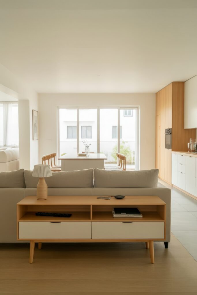 Open kitchen and living room: Smart Tips for Seamless Flow 13 Minimalist open layout with a pale sofa, compact media console, and light wood finishes extending into a dining area with natural light from large windows.