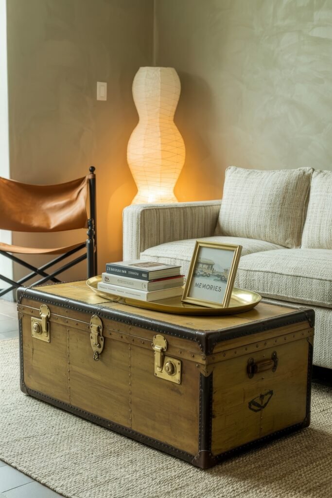Rustic Luxury Living Room: Warm and Unique Living Area Themes 15 Cozy and eclectic room with a vintage-style trunk used as a coffee table, books and framed art on a brass tray, and a textured sofa lit by a sculptural paper floor lamp.