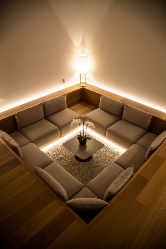 Sunken living room Magic: Cozy Tips for Instant Depth 13 Minimalist sunken living room with soft beige seating built into wooden framing, ambient lighting, and a low table topped with white orchids on a plush rug, all framed by a glowing floor lamp.