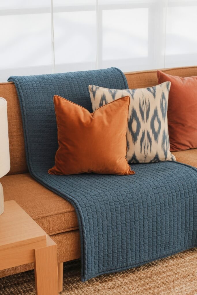 Brown Couch Living Room Ideas: Cozy and Chic Decor Inspiration 16 Compact brown couch with rust-orange and ikat-patterned pillows over a quilted navy throw, next to a wooden table and textured rug in a cheerful, sunlit space.