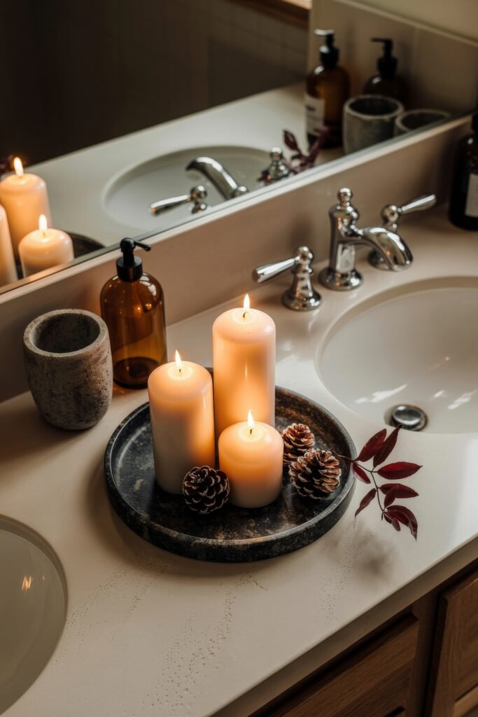 Fall Bathroom Decor: Cozy Upgrades for Instant Spa 16 Round black tray on a bathroom vanity holding three lit pillar candles, pinecones, and red leaves, with an amber soap bottle and natural-toned accessories creating a rustic fall bathroom decor look.