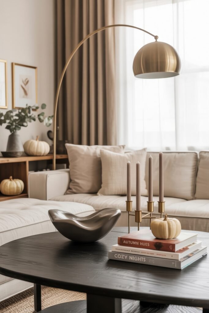 Fall Living Room Decor: Brilliant Ways to Cozy Up 15 Chic and airy fall living room decor with a neutral sectional, modern arc lamp, and a black round coffee table styled with candles, books, and a white pumpkin, surrounded by soft earth tones and natural light.