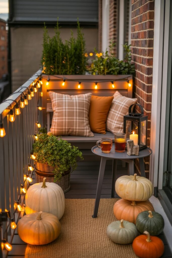 Fall Outdoor Decor: 12 Brilliant Touches for Tiny Porches 13 Narrow balcony with pumpkins stacked by a glowing lantern, plaid cushions on a bench, string lights, and two glasses of cider on a table for cozy fall outdoor decor.