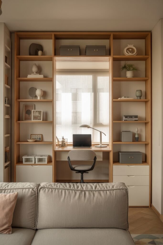 Living room office combo: Clever Ideas You’ll Love 14 Built-in desk and shelving unit framed by light wood and white drawers, forming a bright and organized home office nook directly behind a neutral-toned sofa.