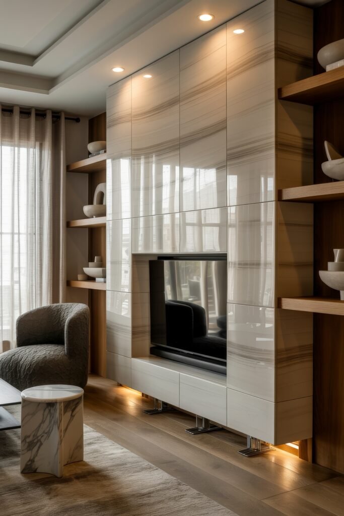 Living Room TV Wall Luxury: Sleek Ideas for a Stylish Setup 16 Modern TV wall with high-gloss, marble-patterned panels concealing a recessed flat-screen TV, flanked by built-in shelving with sculptural pieces and a cozy seating nook beside soft drapery.