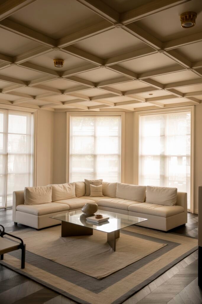 Luxury Ceiling Design in Living Rooms 11 Bright living room with a creamy modular sectional, minimalist glass coffee table, and large windows, complemented by a geometric coffered ceiling that adds architectural elegance to the luxury living room setting.