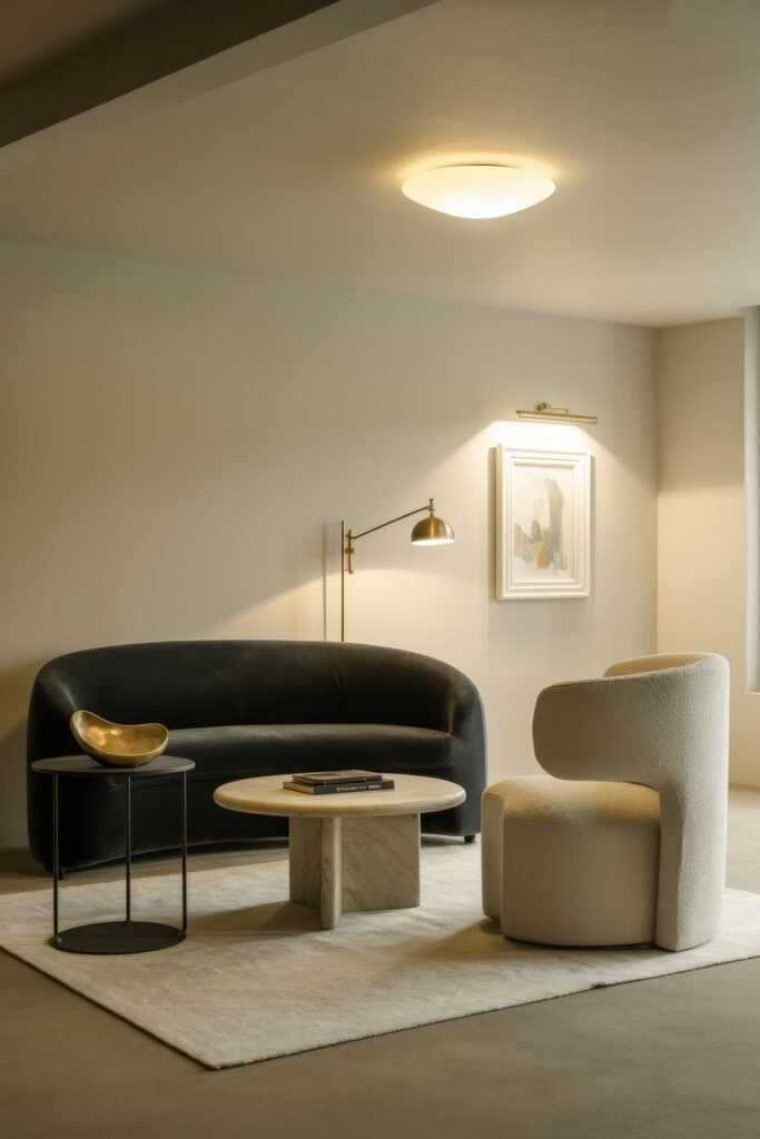 Modern Luxury Living Room: Designing a Sleek Luxe Lounge 17 Intimate seating vignette pairing a black velvet sofa with a boucle barrel chair, round marble table, brass side table and books atop a soft neutral rug