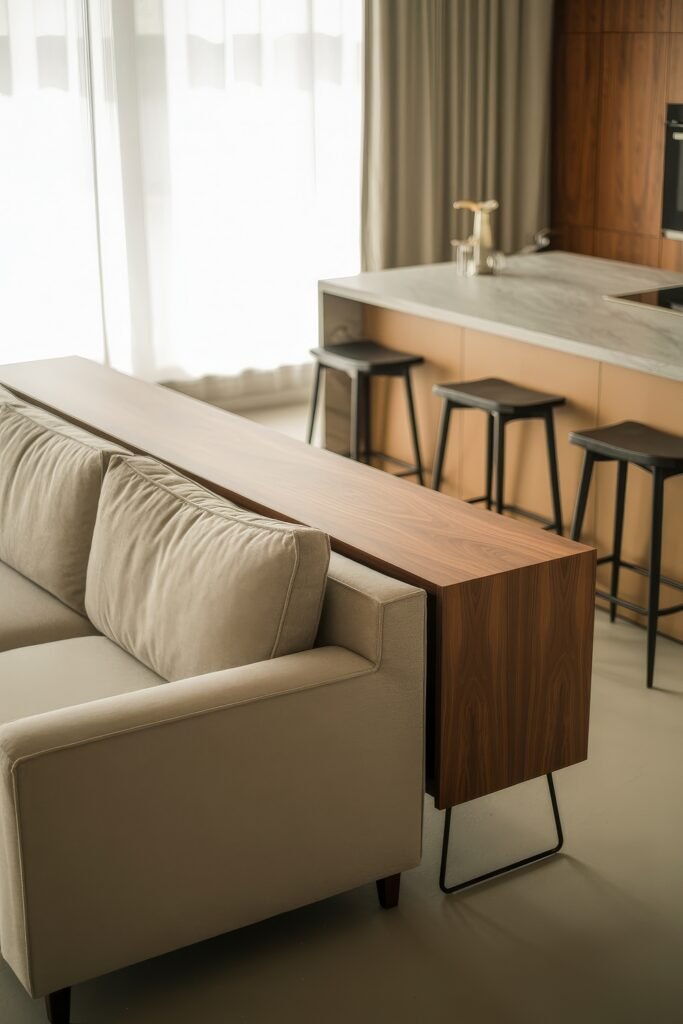 Open kitchen and living room: Smart Tips for Seamless Flow 14 Neutral-toned living room with a beige sofa backed by a slim wood console table, facing a modern open kitchen with marble countertop and black bar stools.