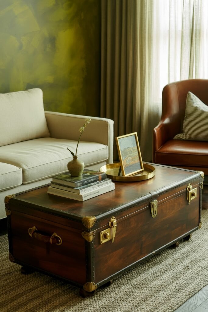 Rustic Luxury Living Room: Warm and Unique Living Area Themes 16 Refined living room with a dark wood vintage trunk as a coffee table, stacked books, framed painting, and a single flower in a vase, set between cream and leather armchairs.