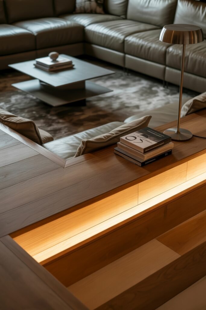 Sunken living room Magic: Cozy Tips for Instant Depth 14 Elegant living room layout with a modern sunken seating zone, featuring gray leather sectionals, a layered black coffee table, and warm under-seat lighting next to wood shelving and a reading lamp.