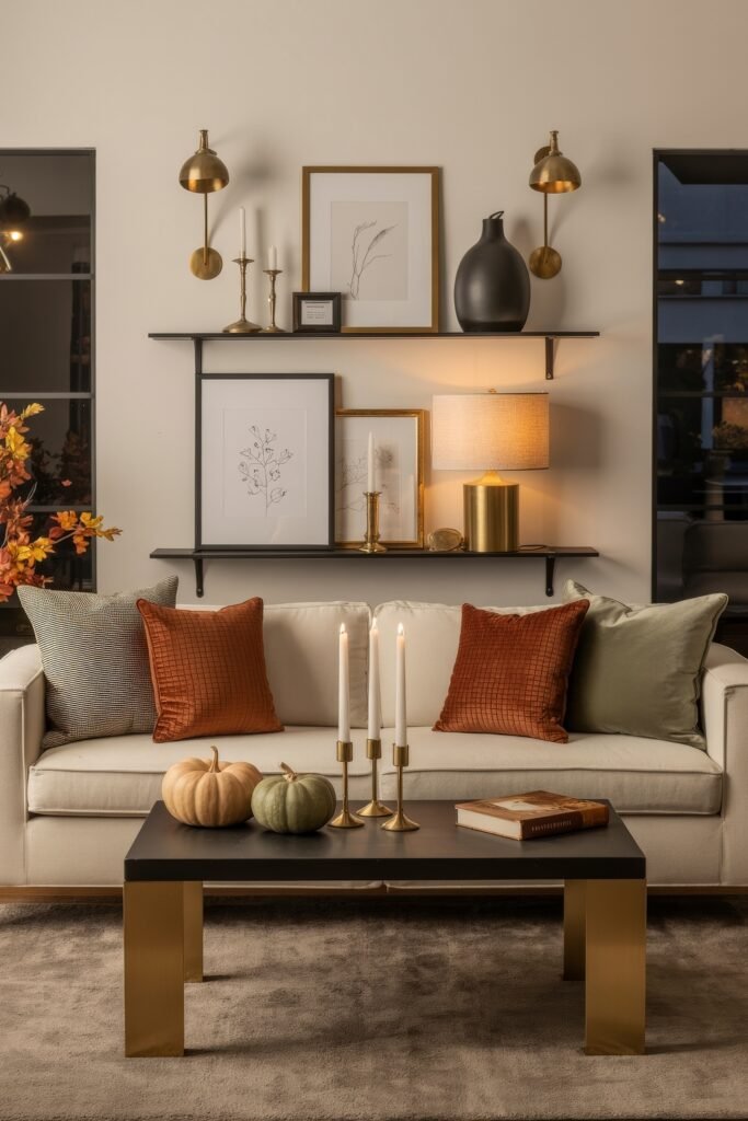 Fall Living Room Decor: Brilliant Ways to Cozy Up 16 Warm fall living room scene with a cream sofa, rich orange and sage pillows, a modern coffee table topped with pumpkins and candles, and a gallery-style wall with gold and black accents.