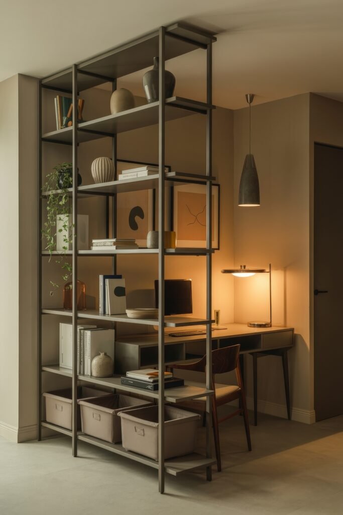 Living room office combo: Clever Ideas You’ll Love 15 Moody home office corner separated by open shelving, with art and décor items, a softly lit desk area, and a mix of functional and aesthetic storage elements.