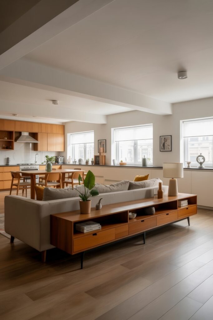 Open kitchen and living room: Smart Tips for Seamless Flow 15 Spacious open kitchen and living room featuring a white sofa, long wood media console with decor, and a dining area set against wood cabinetry and wide windows.