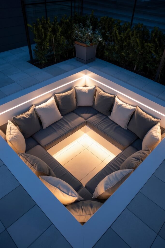 Sunken living room Magic: Cozy Tips for Instant Depth 15 Outdoor sunken seating nook with gray cushioned benches, white accent pillows, and integrated LED lighting, surrounded by sleek white tile and potted greenery for a modern patio vibe.