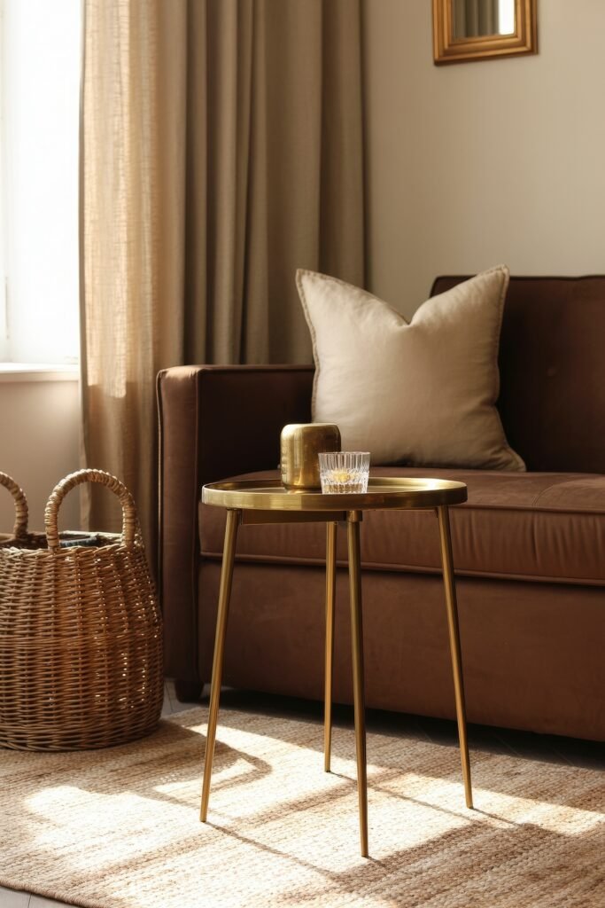 Brown Couch Living Room Ideas: Cozy and Chic Decor Inspiration 17 Elegant brown couch with a cream pillow and modern gold side table, paired with a woven basket and sheer curtains, exuding cozy brown-themed charm.
