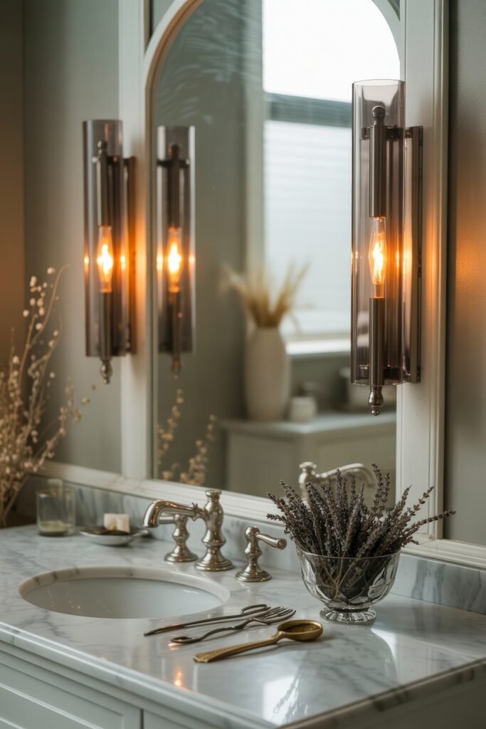 Fall Bathroom Decor: Cozy Upgrades for Instant Spa 17 Marble countertop vanity with vintage silver fixtures, a glass bowl of dried lavender, and elegant lighting reflected in an arched mirror, blending subtle fall tones with classic charm.