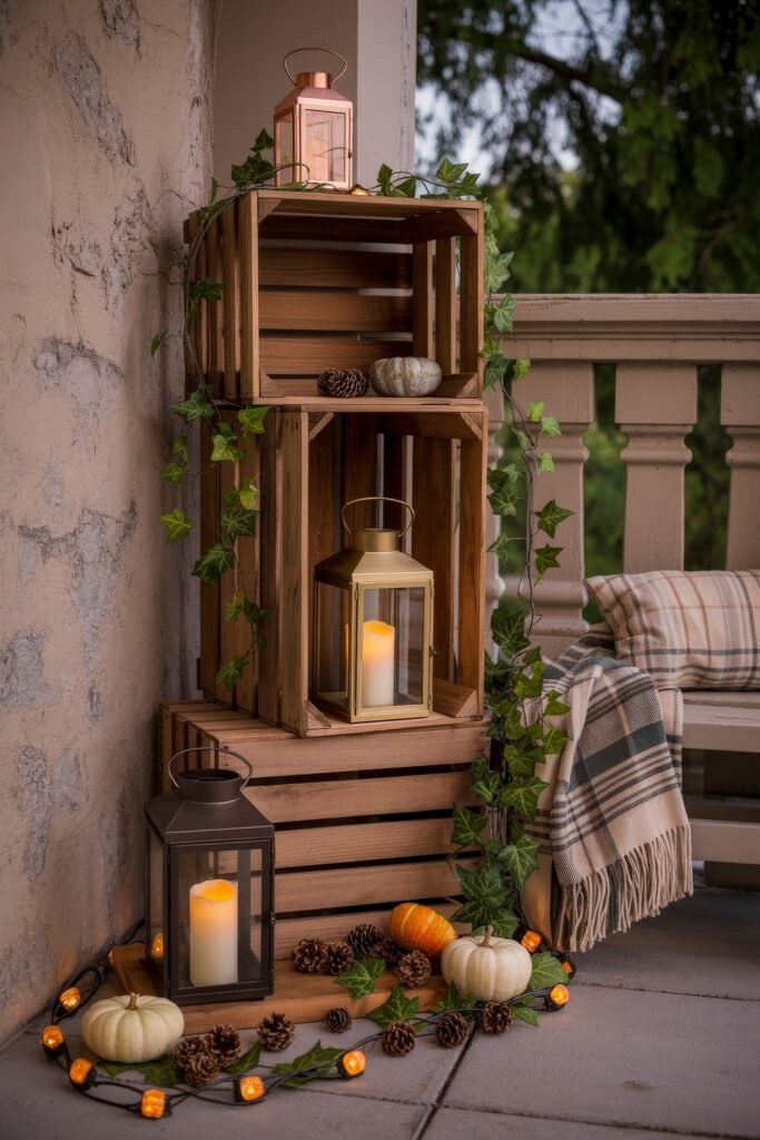 Fall Outdoor Decor: 12 Brilliant Touches for Tiny Porches 14 Rustic corner decorated with stacked wooden crates, lanterns, mini pumpkins, pinecones, a plaid throw, and trailing ivy, creating a charming and relaxed fall nook.