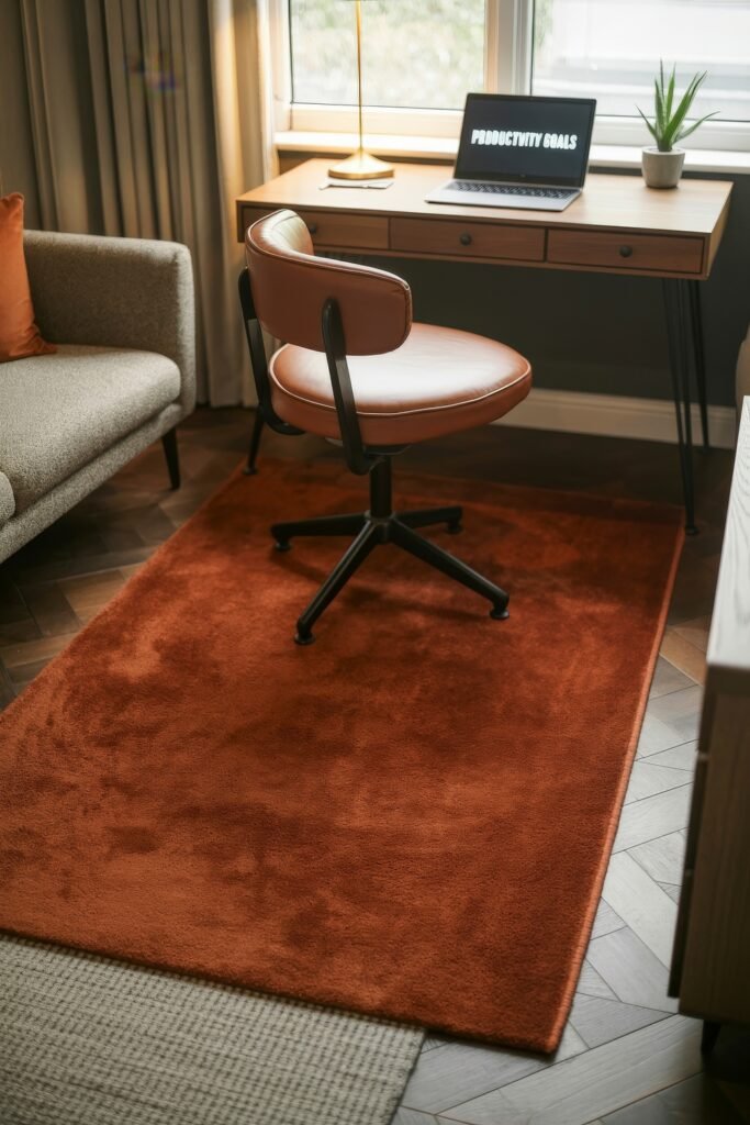 Living room office combo: Clever Ideas You’ll Love 16 Inviting home workspace by the window with a wooden desk, leather office chair, and rust-colored rug, reinforcing productivity and comfort in a living room office combo.