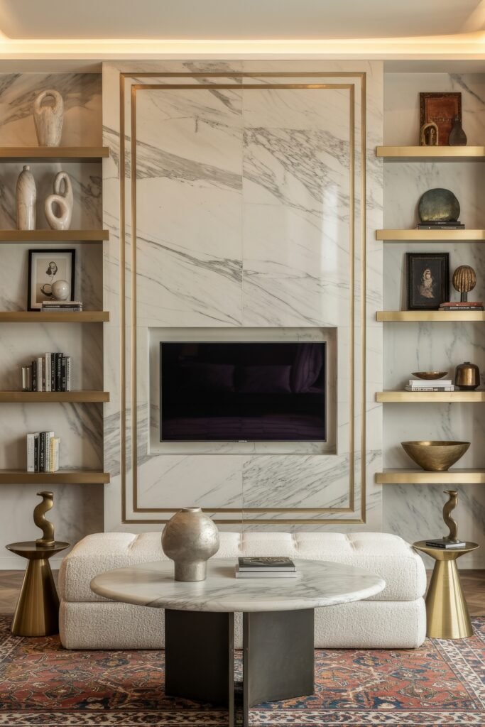 Living Room TV Wall Luxury: Sleek Ideas for a Stylish Setup 17 Luxe marble-clad TV wall with gold trim framing a recessed television, surrounded by curated shelves and eclectic decor, centered around a white boucle bench and a marble coffee table on a Persian-style rug.