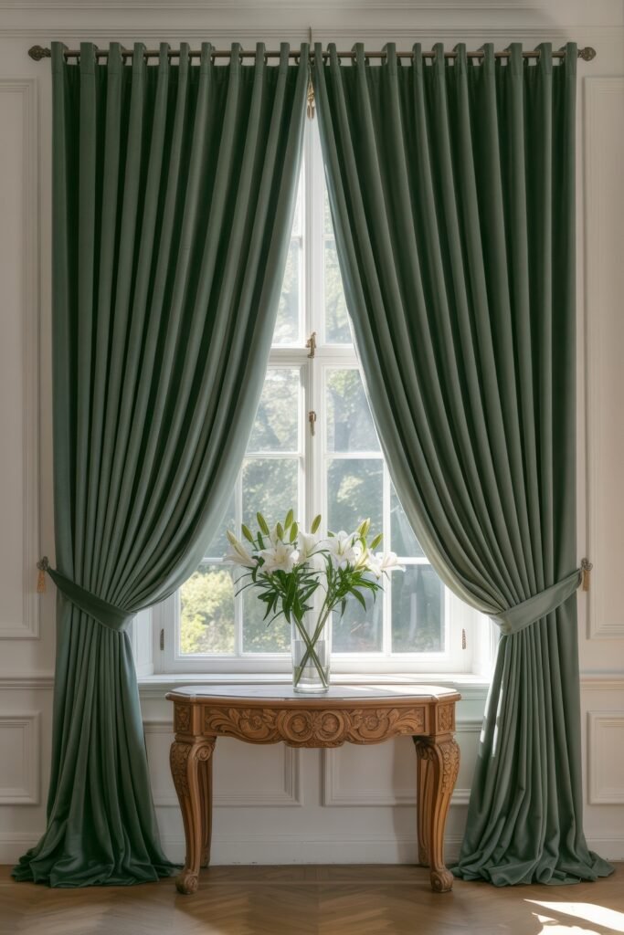 Luxury Curtains Living Room: Luxurious Curtains & Window Treatments 14 Sophisticated window treatment with green drapes pulled back to reveal a white-framed window, complemented by a carved wood console and a tall vase of white lilies.