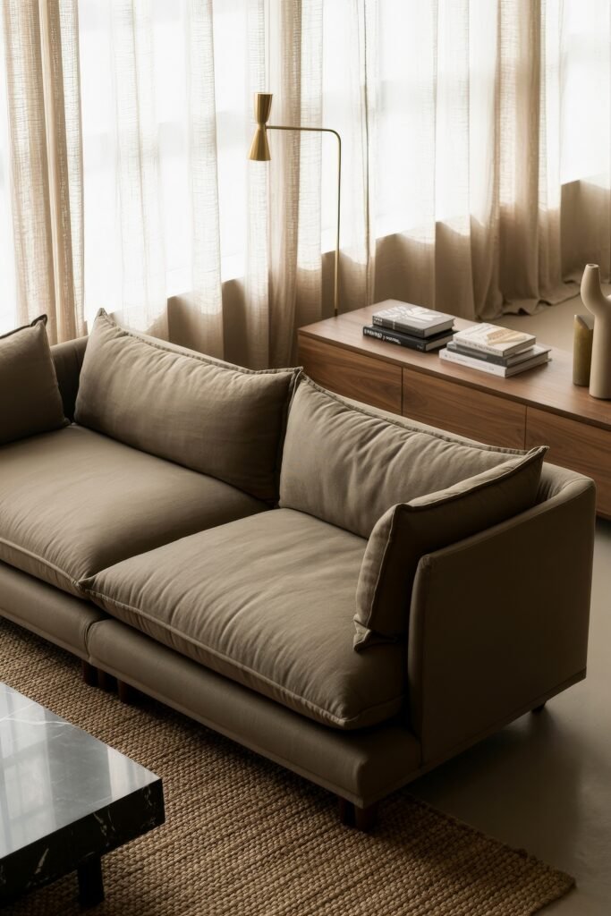 Luxury Sofa Living Room: Furniture for a Luxury Lounge 17 Neutral-toned luxury living room featuring a deep taupe sofa, soft filtered light through sheer curtains, black marble coffee table, and sleek wooden console with art books.