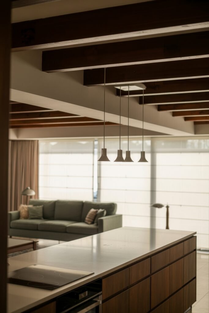 Open kitchen and living room: Smart Tips for Seamless Flow 16 Warm-toned kitchen island with built-in cooktop under wooden ceiling beams, opening into a softly lit living area with a green sofa and neutral modern decor.
