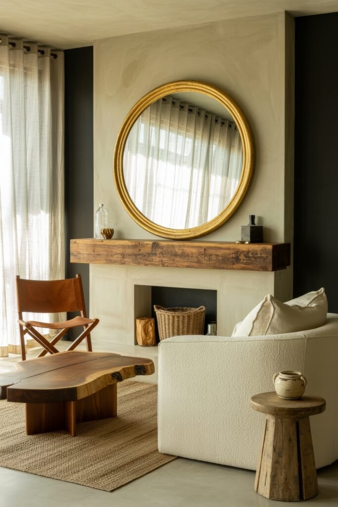 Rustic Luxury Living Room: Warm and Unique Living Area Themes 17 Elegant rustic luxury space with a curved white sofa, raw wood coffee table, round gold mirror above a fireplace mantel, and natural textures throughout the room.