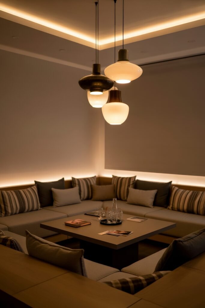 Sunken living room Magic: Cozy Tips for Instant Depth 16 Intimate sunken living room with striped and solid pillows on neutral built-in sofas, a square coffee table, and pendant lighting overhead, creating a warm, inviting lounge space.