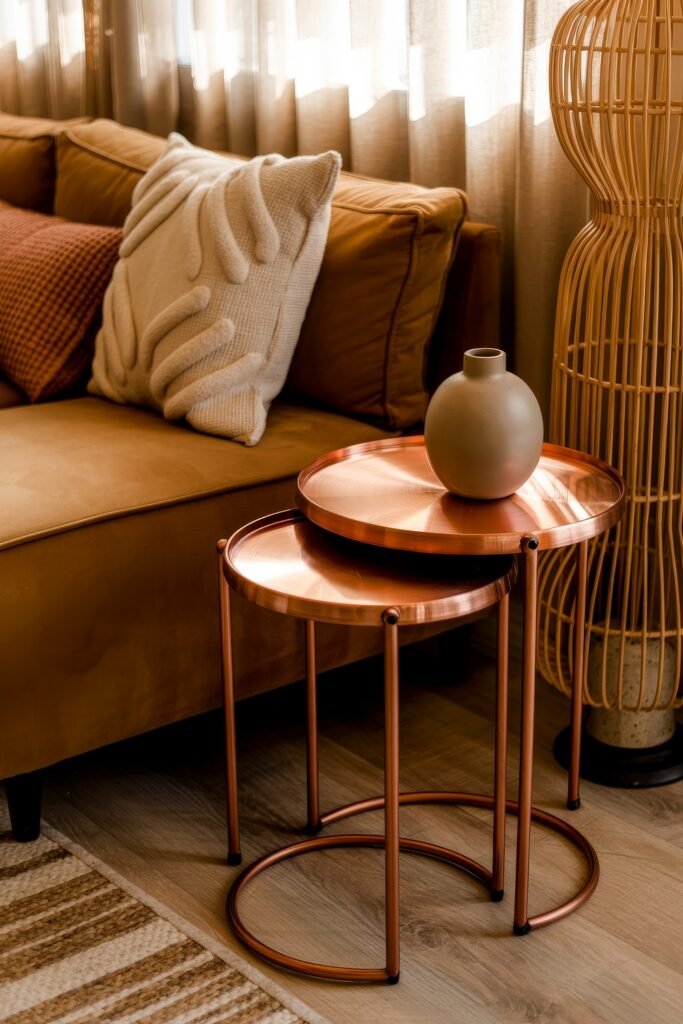 Brown Couch Living Room Ideas: Cozy and Chic Decor Inspiration 18 Golden-brown couch styled with textured cream pillows and rust tones, beside a pair of glossy copper nesting tables and soft filtered light through beige curtains.