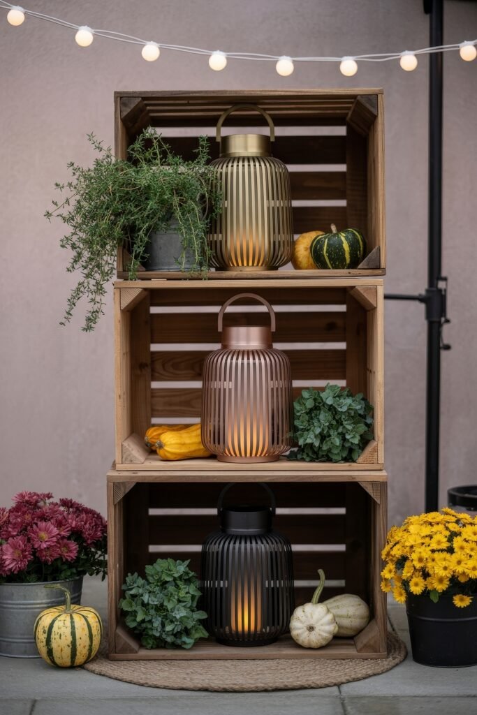 Fall Outdoor Decor: 12 Brilliant Touches for Tiny Porches 15 Wooden crate shelves styled with modern lanterns, squash, herbs, and mums, accented by string lights and a round jute rug for a balanced, festive fall display.