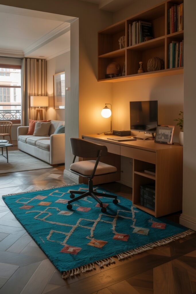 Living room office combo: Clever Ideas You’ll Love 17 Bright and cozy workspace integrated into a living room layout, with a wood desk, desktop monitor, and colorful blue patterned rug adding vibrancy to the multifunctional space.